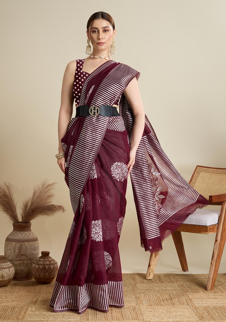 Wine Wevon Flower Designer Soft Silk Saree Set