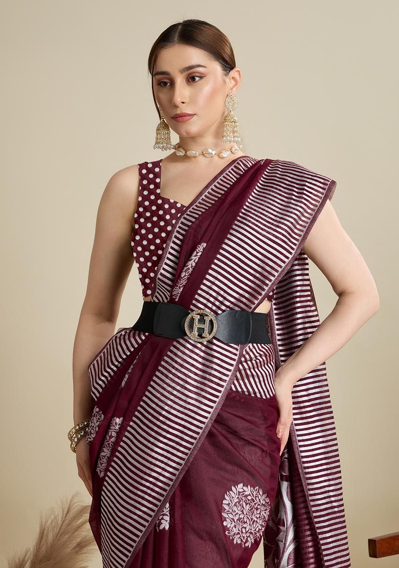 Wine Wevon Flower Designer Soft Silk Saree Set