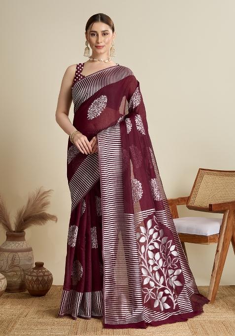 Wine Wevon Flower Designer Soft Silk Saree Set