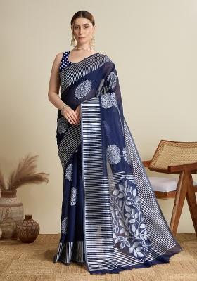 Blue Wevon Flower Designer Soft Silk Saree Set