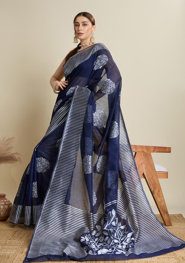 Blue Wevon Flower Designer Soft Silk Saree Set