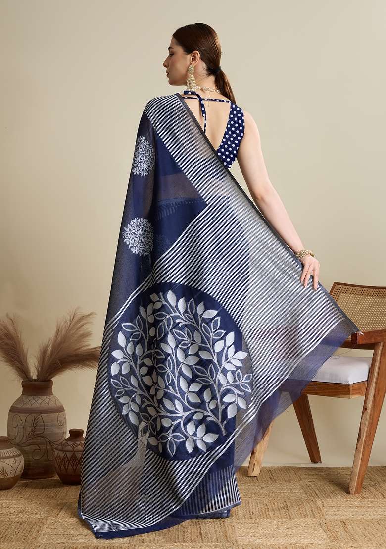 Blue Wevon Flower Designer Soft Silk Saree Set - Indya