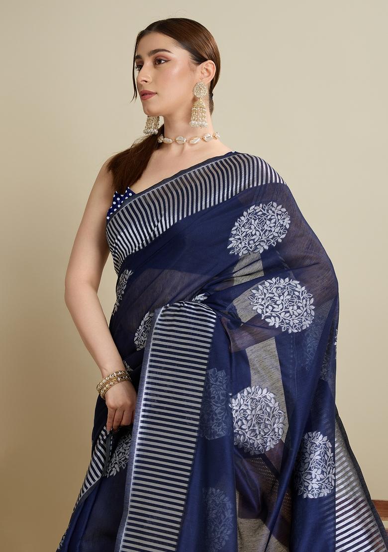 Blue Wevon Flower Designer Soft Silk Saree Set