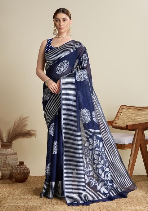 Blue Wevon Flower Designer Soft Silk Saree Set