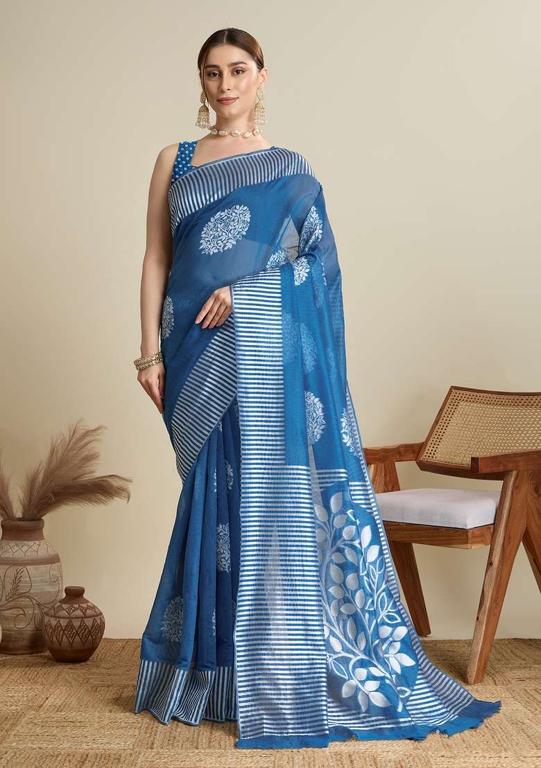 Teal Blue Wevon Flower Designer Soft Silk Saree Set - Indya