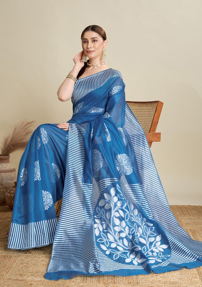 Teal Blue Wevon Flower Designer Soft Silk Saree Set