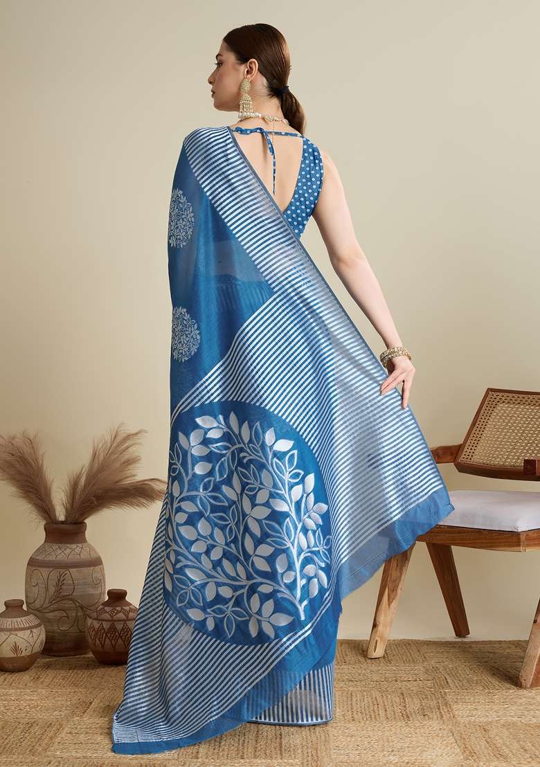 Teal Blue Wevon Flower Designer Soft Silk Saree Set - Indya