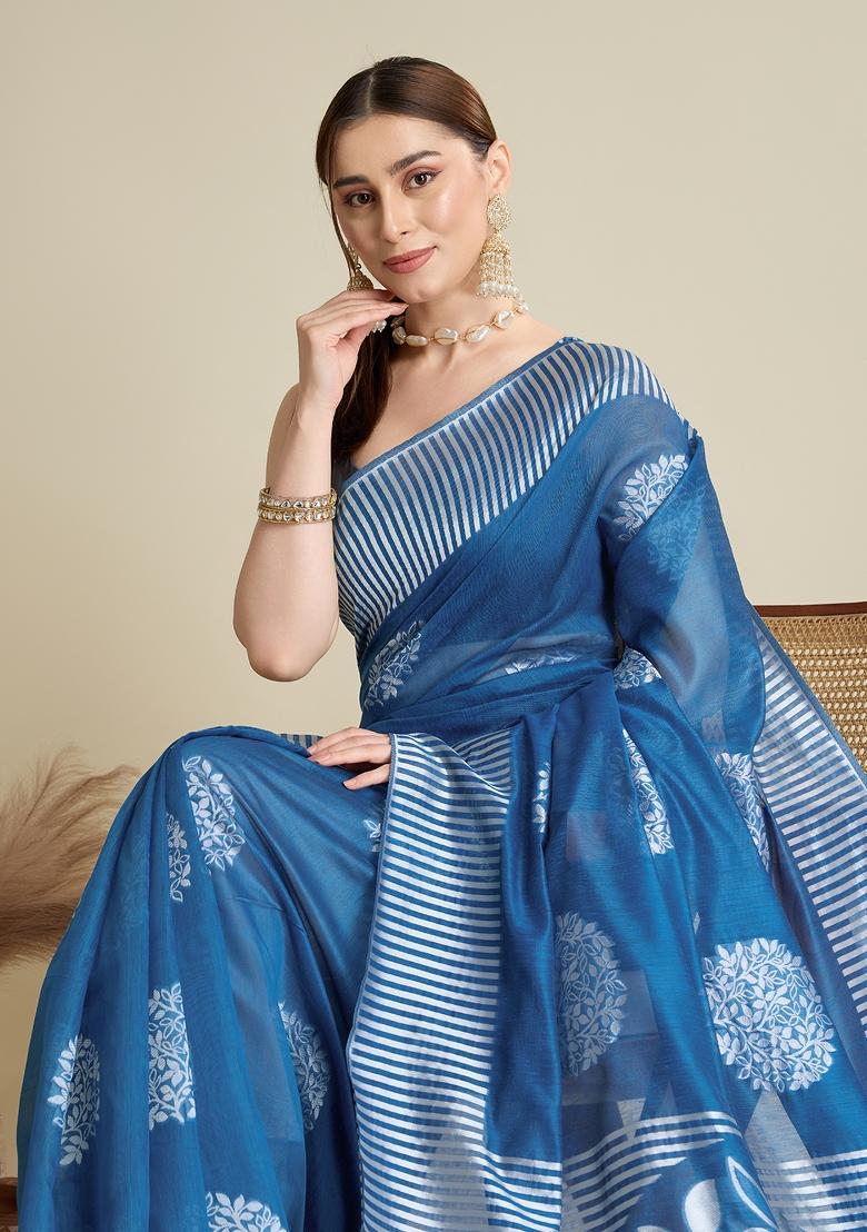 Teal Blue Wevon Flower Designer Soft Silk Saree Set
