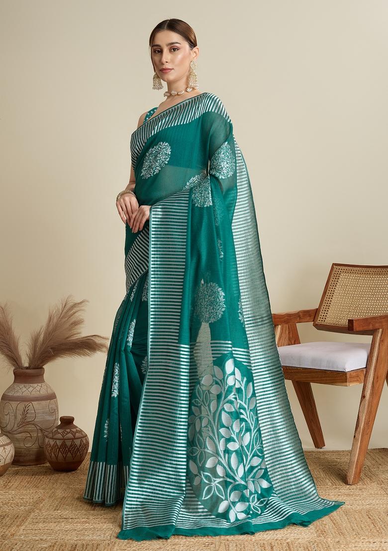 Green Wevon Flower Designer Soft Silk Saree Set