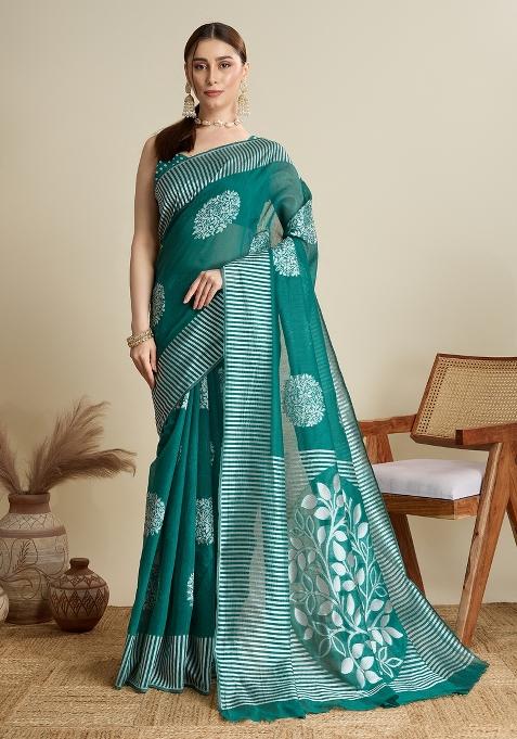 Green Wevon Flower Designer Soft Silk Saree Set