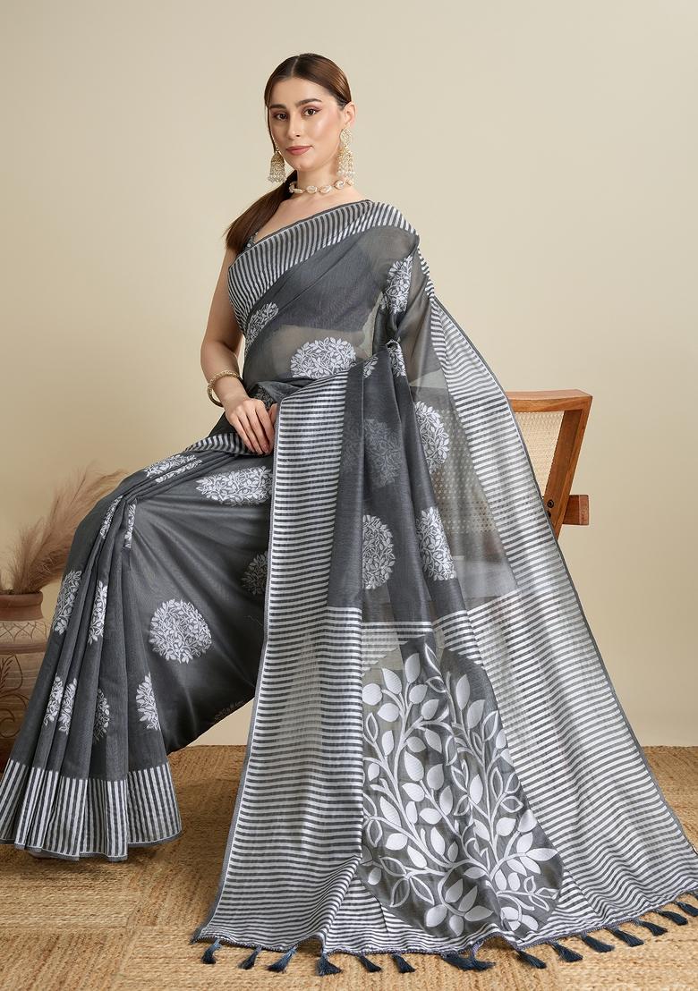 Grey Wevon Flower Designer Soft Silk Saree Set