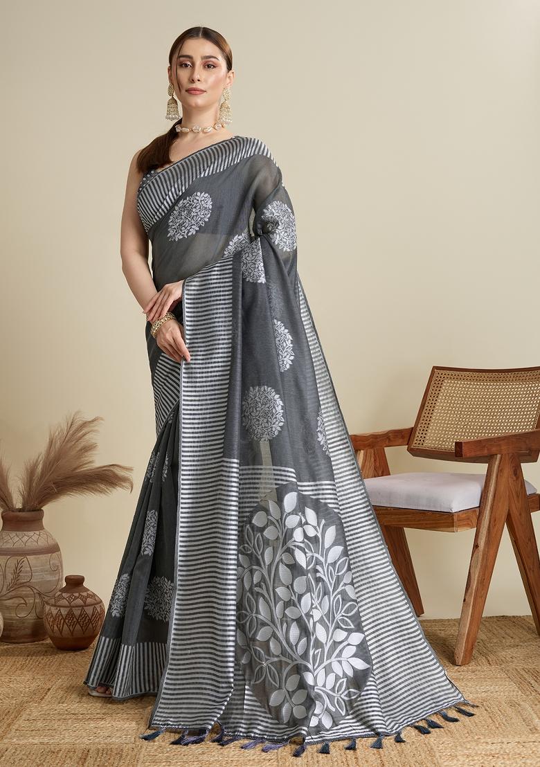 Grey Wevon Flower Designer Soft Silk Saree Set