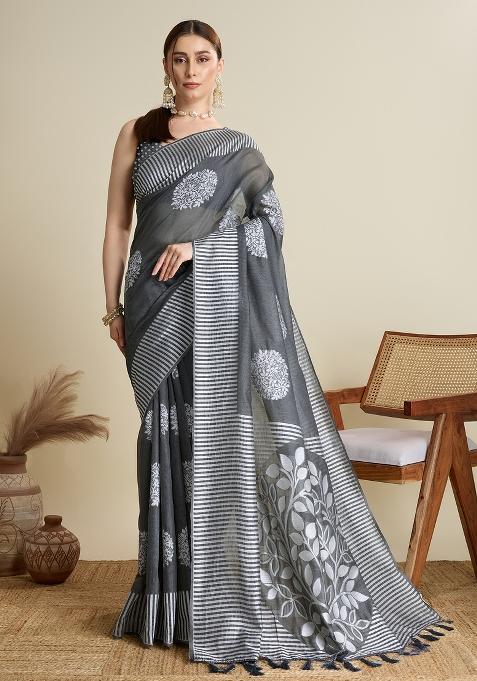 Grey Wevon Flower Designer Soft Silk Saree Set