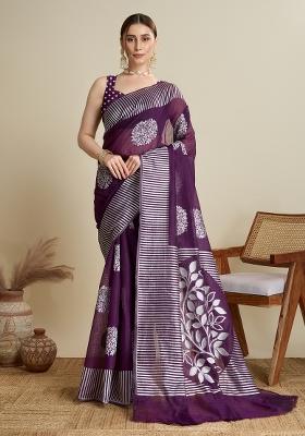 Purple Wevon Flower Designer Soft Silk Saree Set