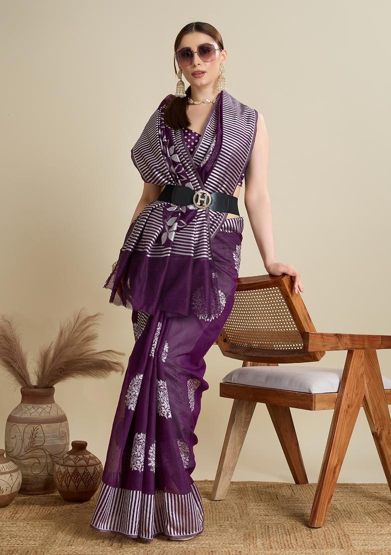 Purple Wevon Flower Designer Soft Silk Saree Set