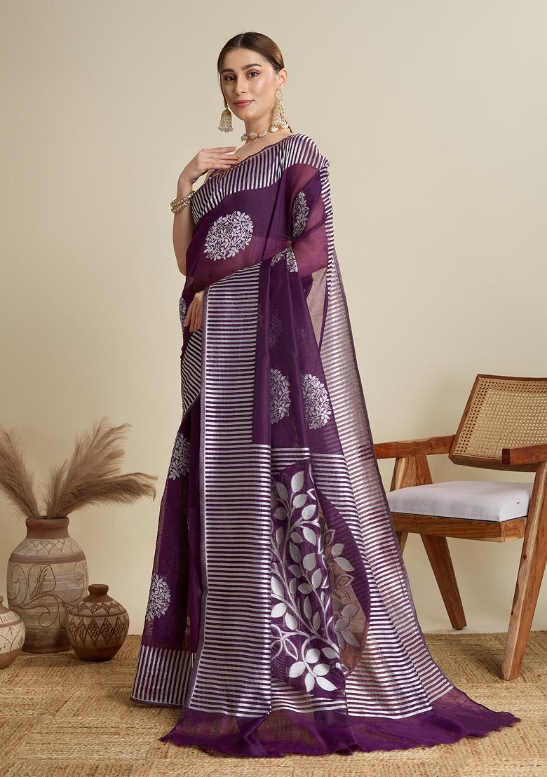 Purple Wevon Flower Designer Soft Silk Saree Set