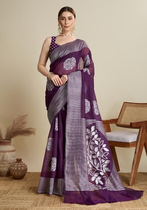 Purple Wevon Flower Designer Soft Silk Saree Set