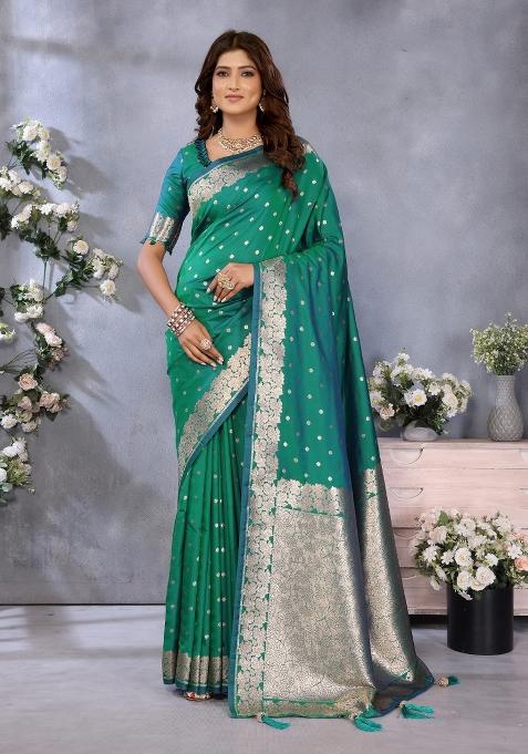 Rama Green Jacquard Weving Designer Banarasi Silk Saree Set