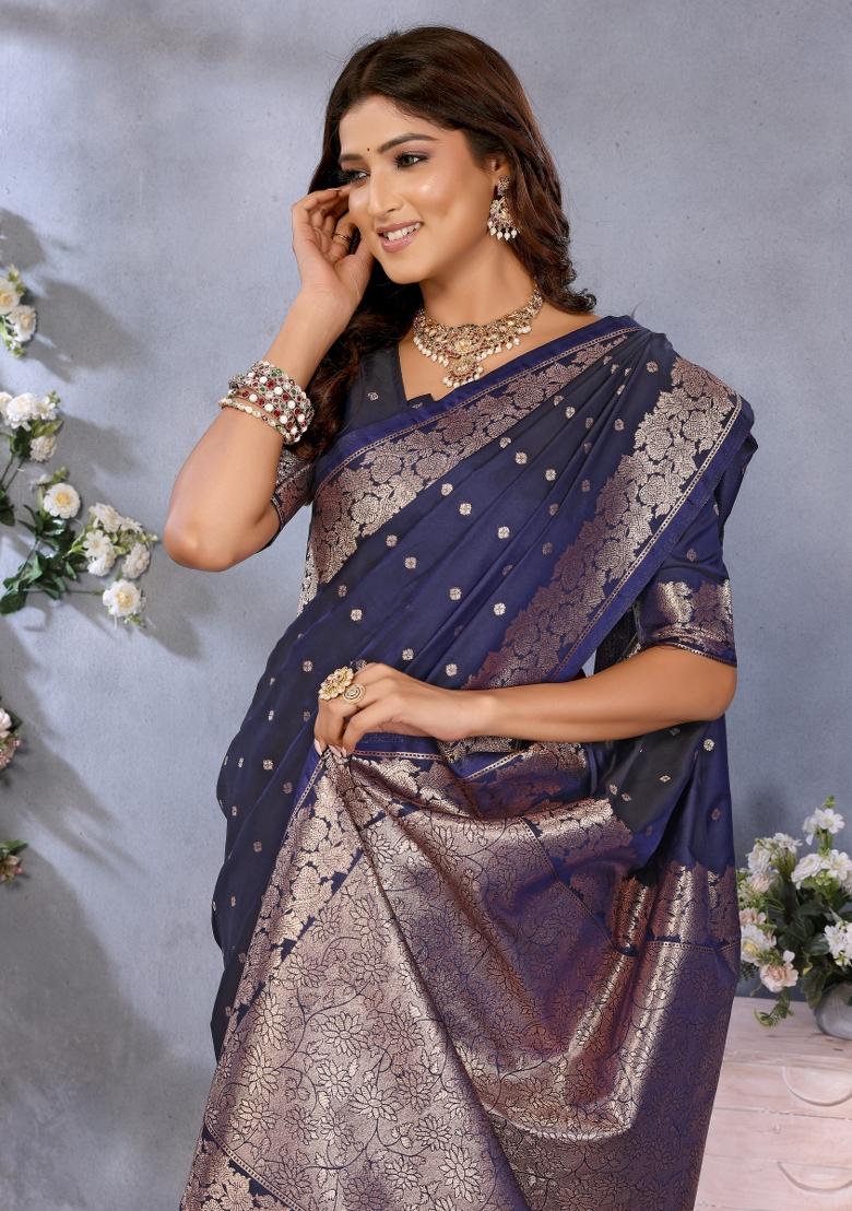 Blue Jacquard Weving Designer Banarasi Silk Saree Set