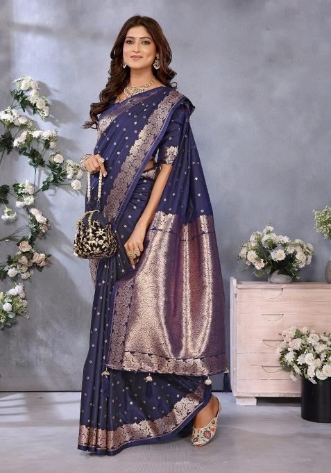 Blue Jacquard Weving Designer Banarasi Silk Saree Set