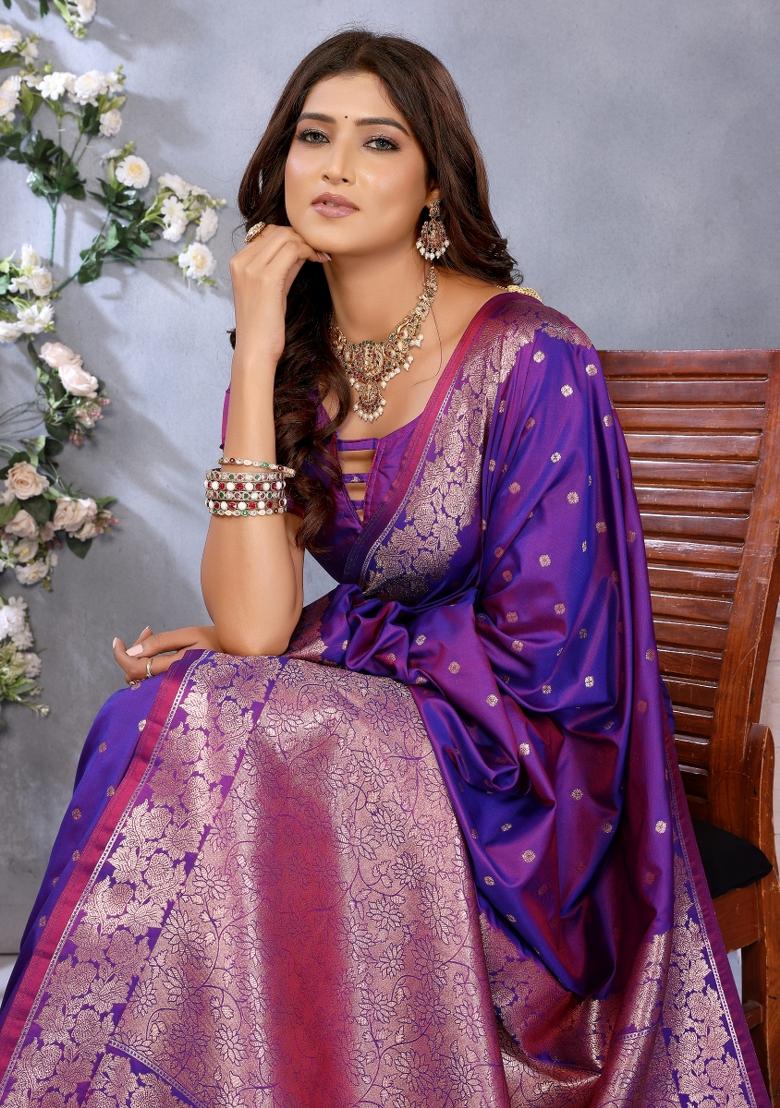 Purple Jacquard Weving Designer Banarasi Silk Saree Set