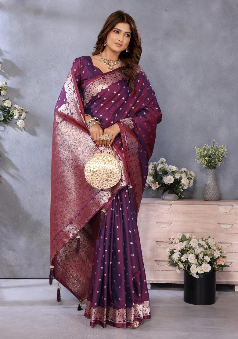 Wine Jacquard Weving Designer Banarasi Silk Saree Set