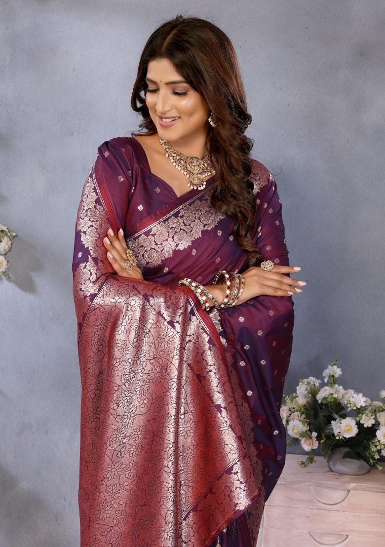 Wine Jacquard Weving Designer Banarasi Silk Saree Set