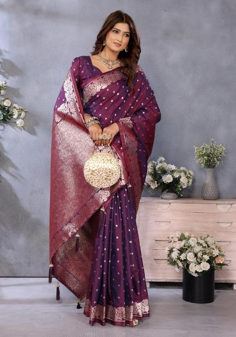 Wine Jacquard Weving Designer Banarasi Silk Saree Set