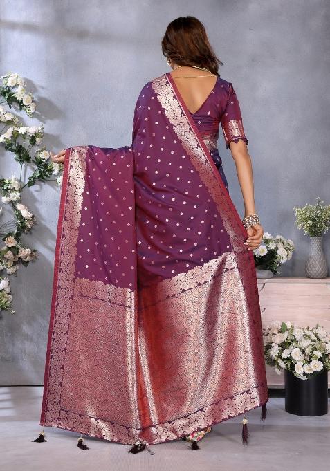 Wine Jacquard Weving Designer Banarasi Silk Saree Set