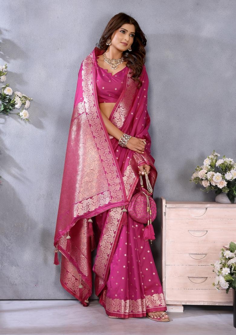 Pink Jacquard Weving Designer Banarasi Silk Saree Set