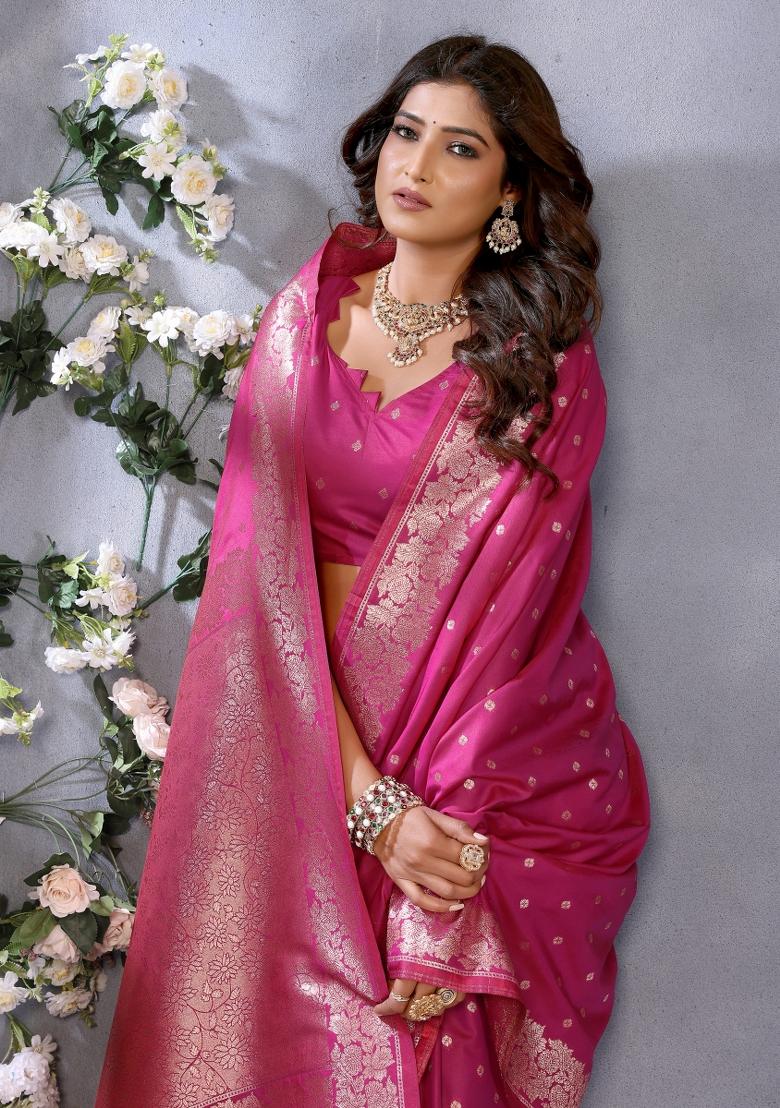 Pink Jacquard Weving Designer Banarasi Silk Saree Set