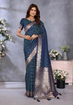 Teal Blue Jacquard Weving Designer Banarasi Silk Saree Set