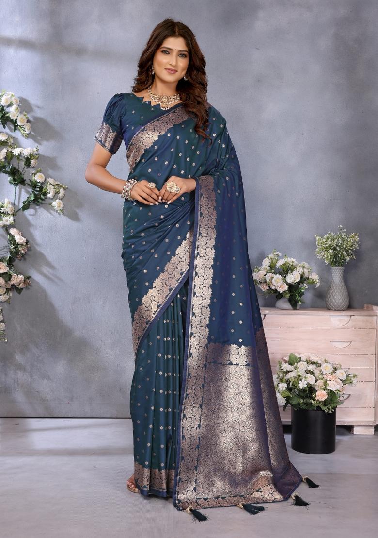 Teal Blue Jacquard Weving Designer Banarasi Silk Saree Set