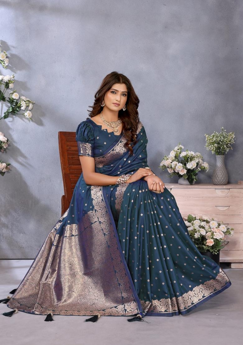 Teal Blue Jacquard Weving Designer Banarasi Silk Saree Set