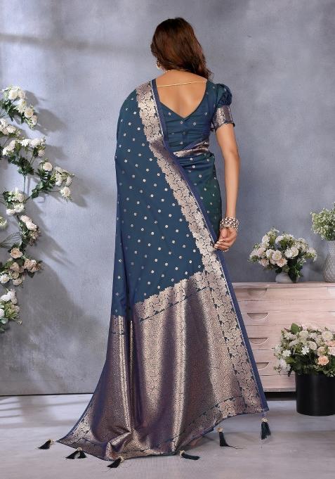 Teal Blue Jacquard Weving Designer Banarasi Silk Saree Set