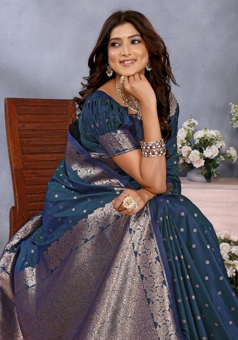 Teal Blue Jacquard Weving Designer Banarasi Silk Saree Set