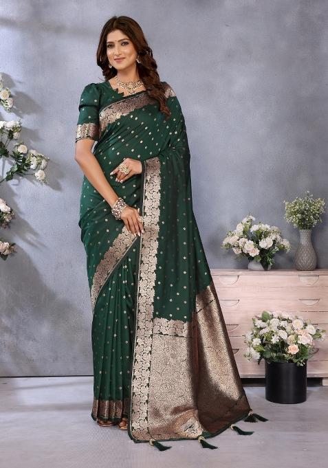 Green Jacquard Weving Designer Banarasi Silk Saree Set