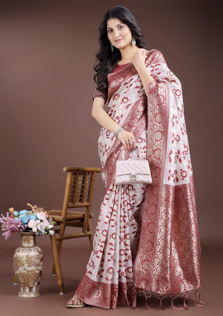 Maroon Wevon Jacquard Designer Linen Cotton Saree Set