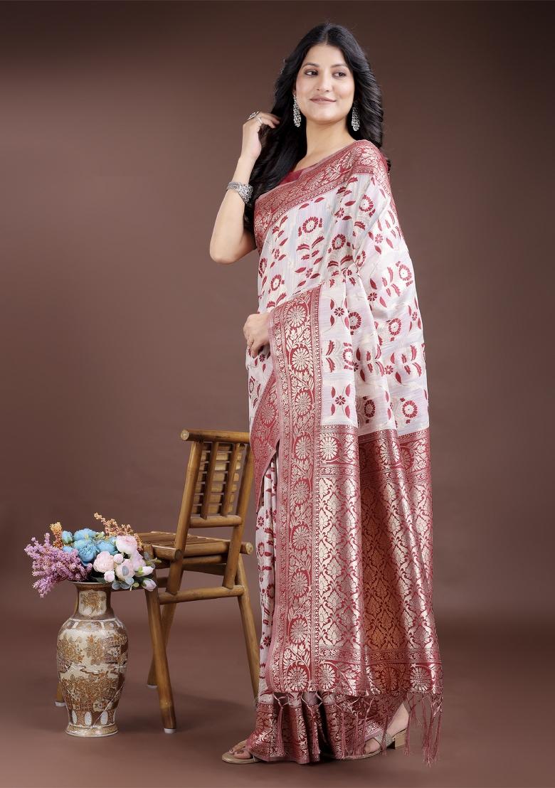 Maroon Wevon Jacquard Designer Linen Cotton Saree Set