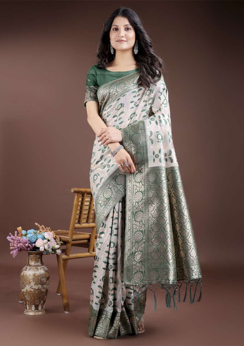 Green Wevon Jacquard Designer Linen Cotton Saree Set - Indya