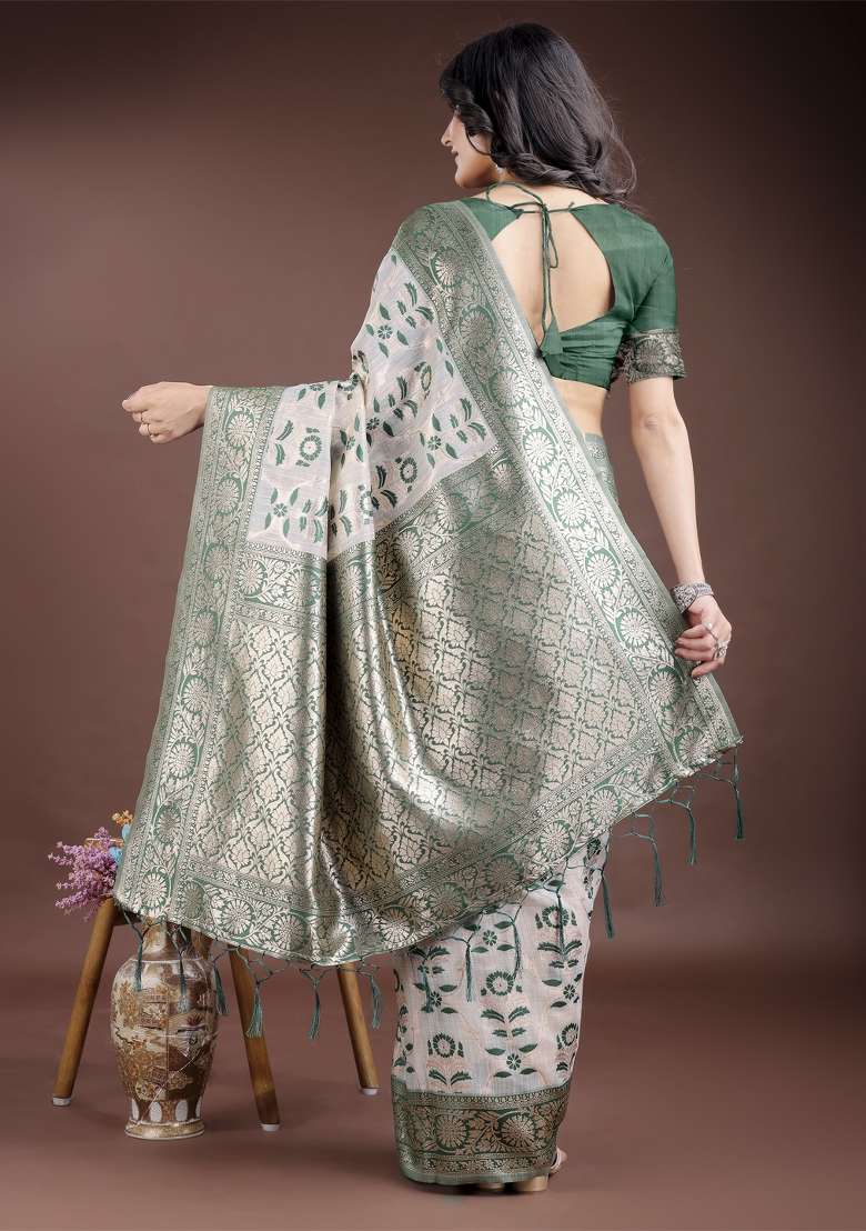 Green Wevon Jacquard Designer Linen Cotton Saree Set - Indya