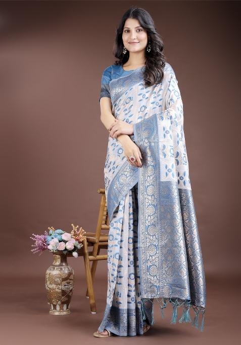Sky Blue Wevon Jacquard Designer Linen Cotton Saree Set