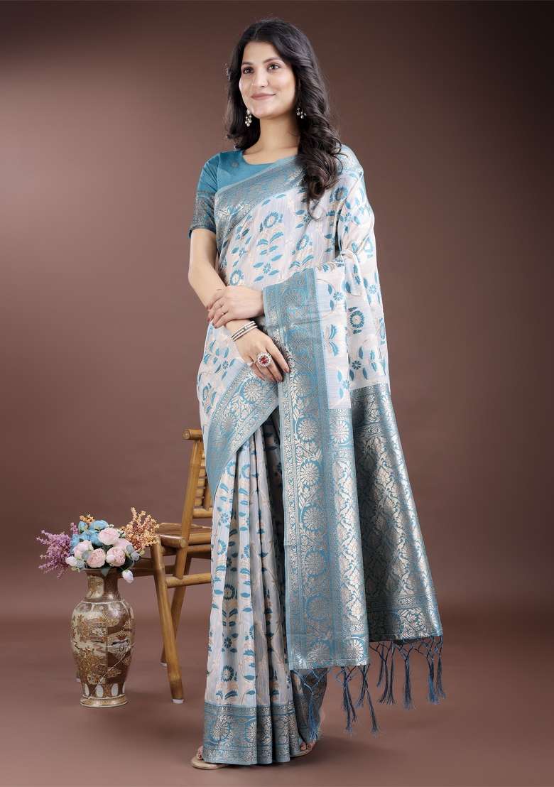 Sea Green Wevon Jacquard Designer Linen Cotton Saree Set - Indya