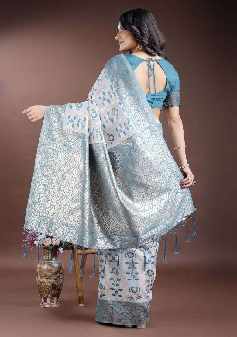 Sea Green Wevon Jacquard Designer Linen Cotton Saree Set - Indya