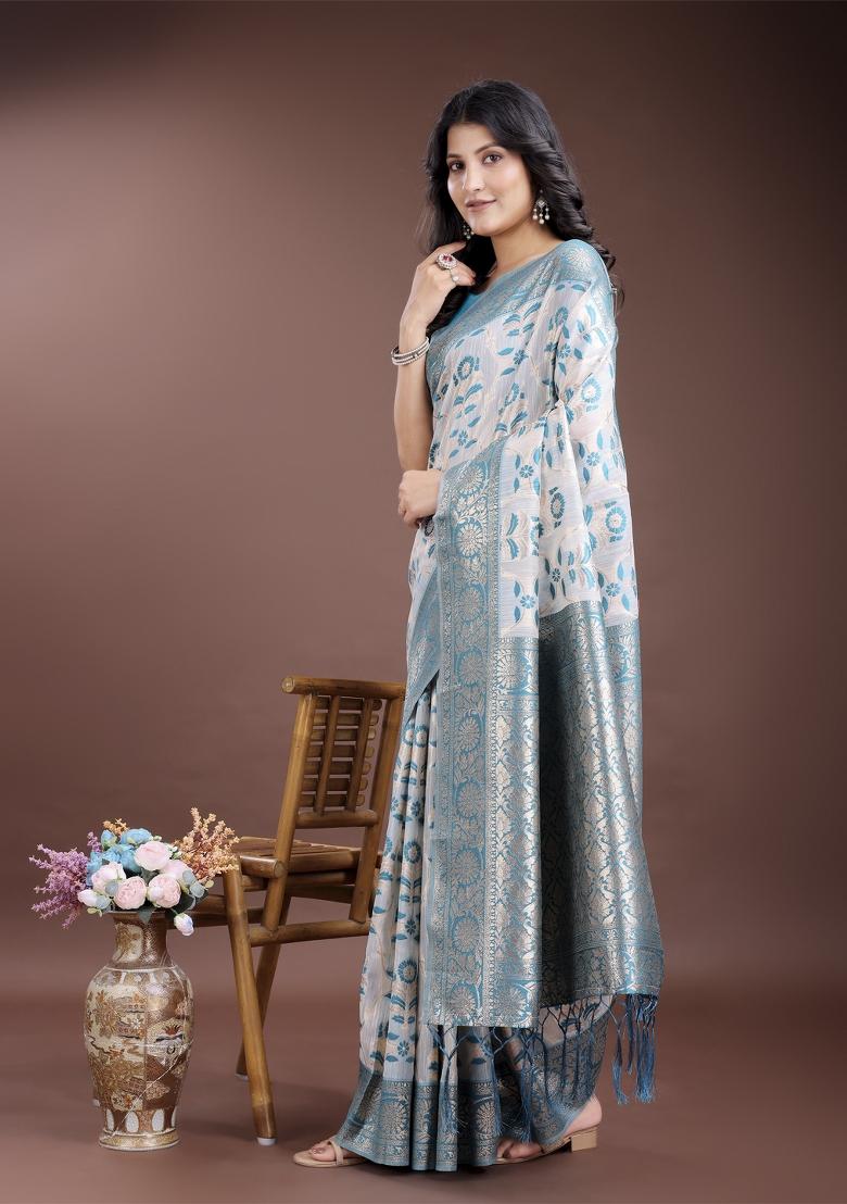 Sea Green Wevon Jacquard Designer Linen Cotton Saree Set
