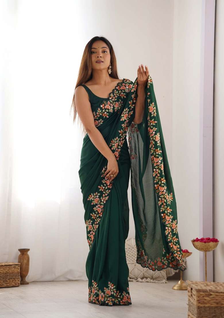 Green Embroidered Vichitra Silk Saree Set - Indya