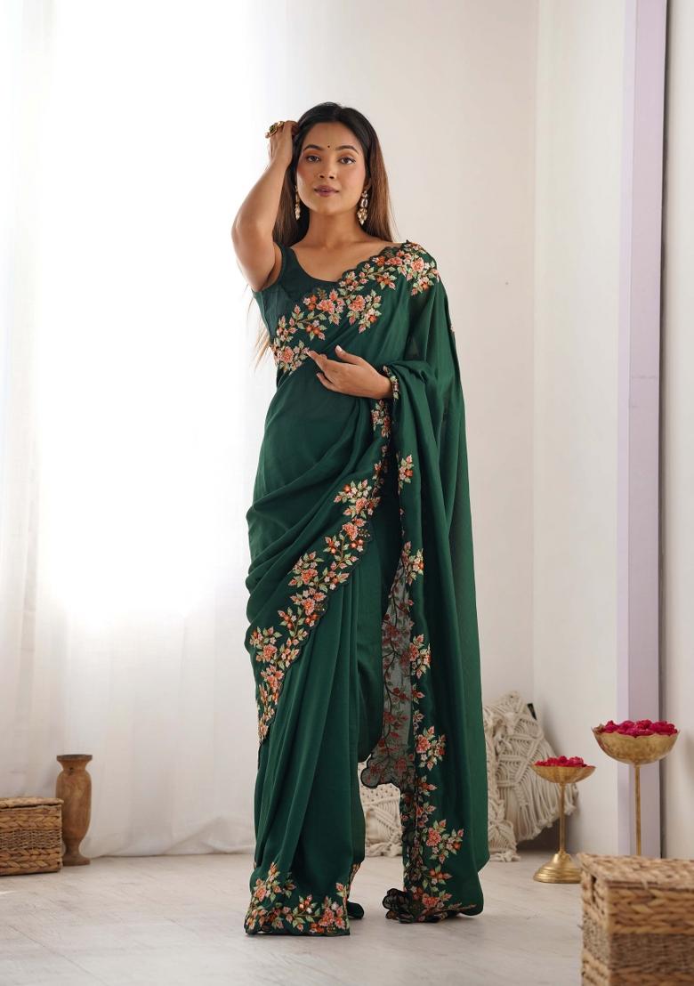 Green Embroidered Vichitra Silk Saree Set