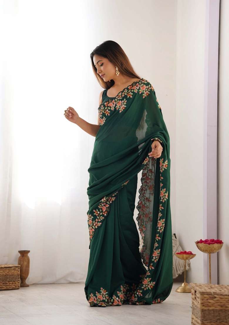 Green Embroidered Vichitra Silk Saree Set - Indya