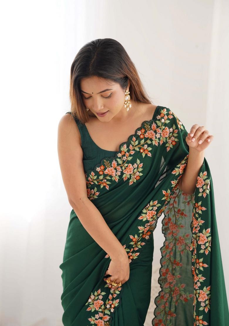 Green Embroidered Vichitra Silk Saree Set