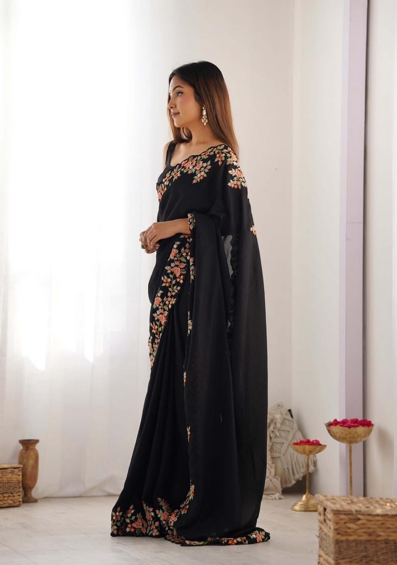 Black Embroidered Vichitra Silk Saree Set